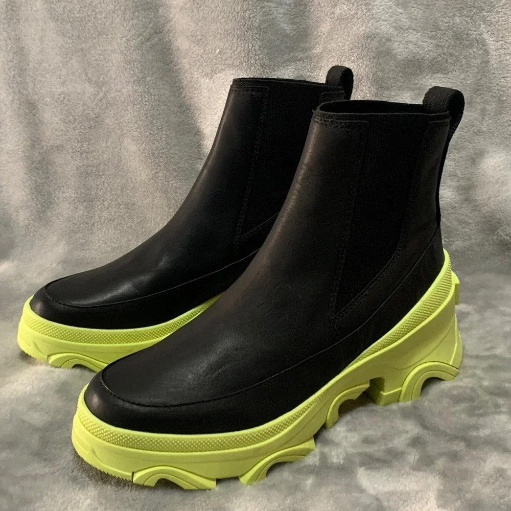 Sorel Brex Chelsea Boots Black Leather Size 7.5 Neon Green Platform Waterproof